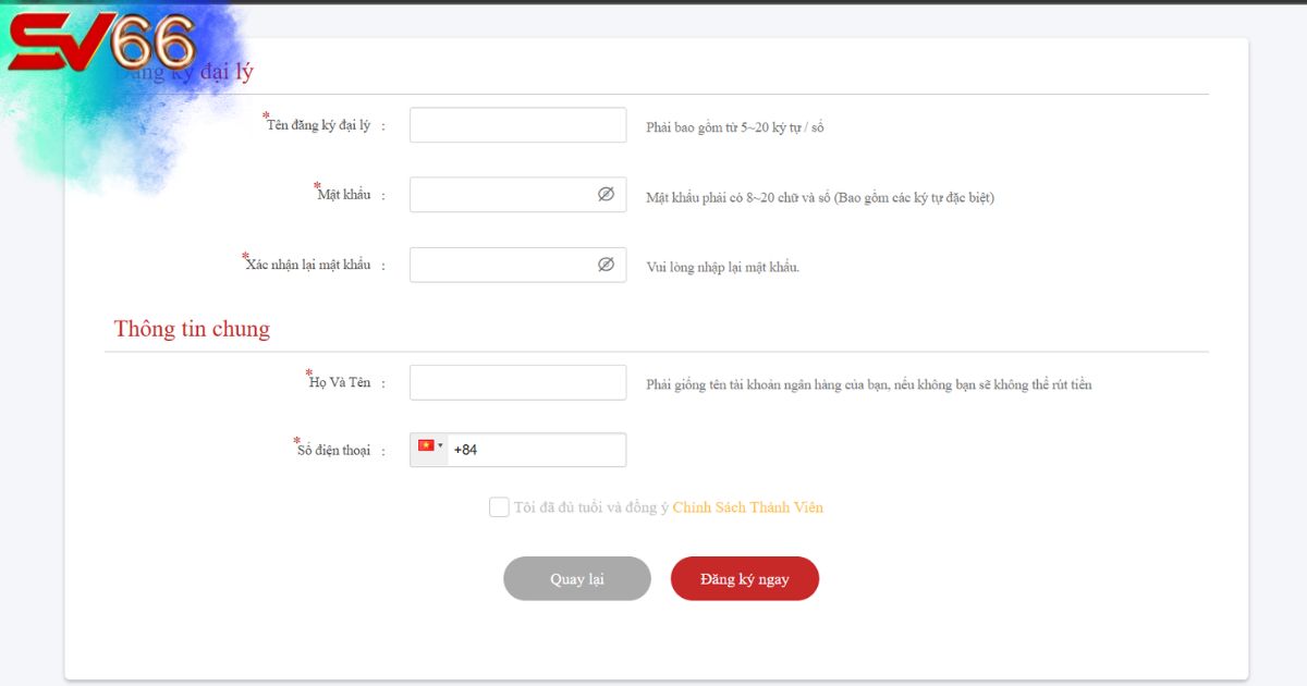 Điền form và gửi thông tin để đăng ký tham gia làm đại lý SV66