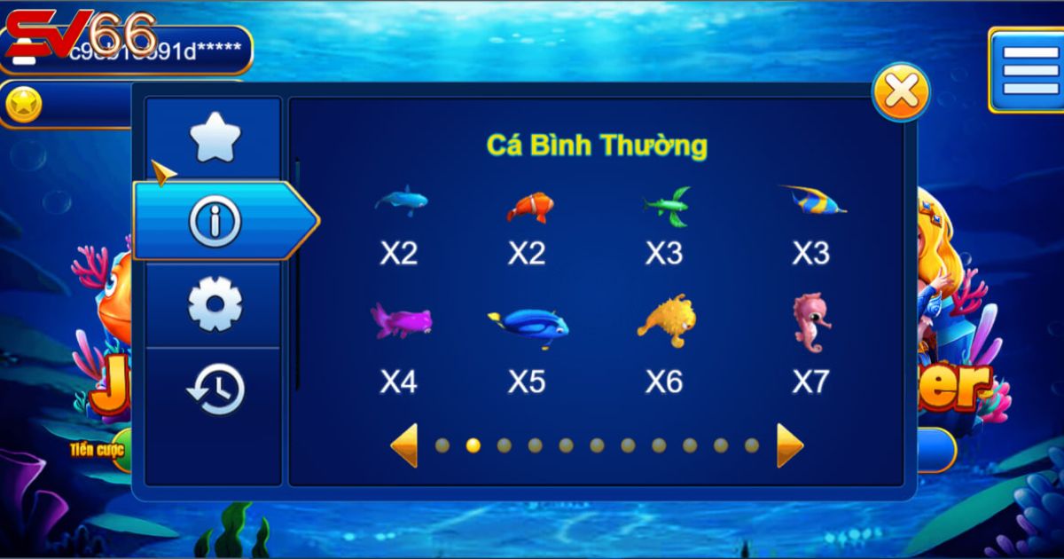 Mỗi loại cá là một mức thưởng xu