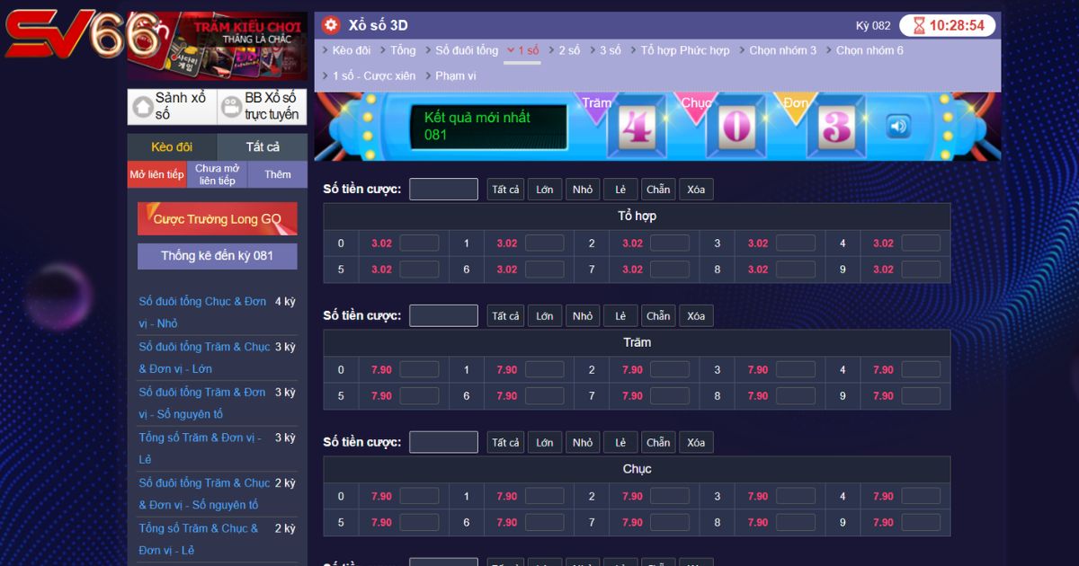 Một trận cược 3D đang diễn ra trong sảnh Xổ Số SV66