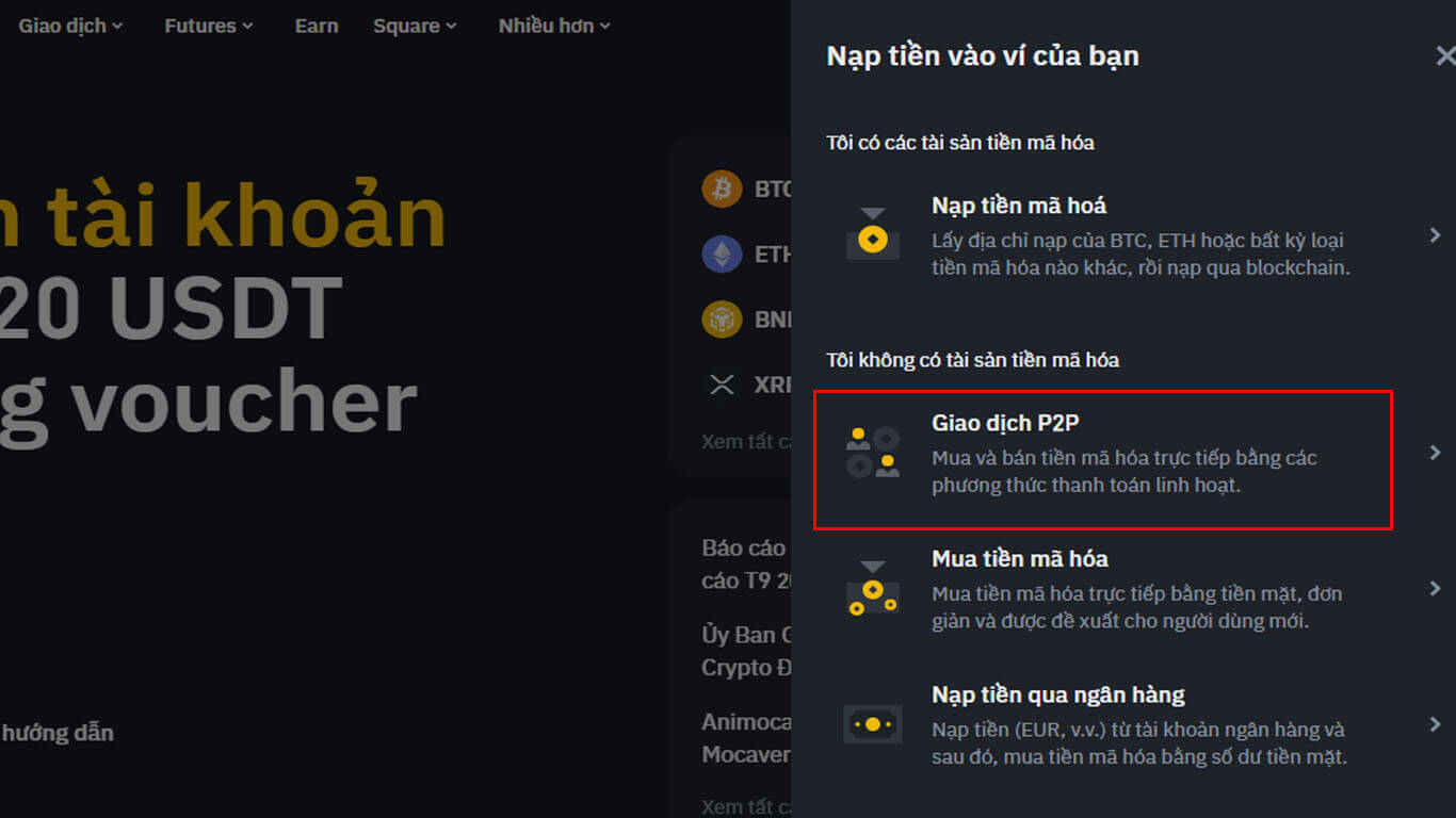 Chọn “Giao dịch P2P”