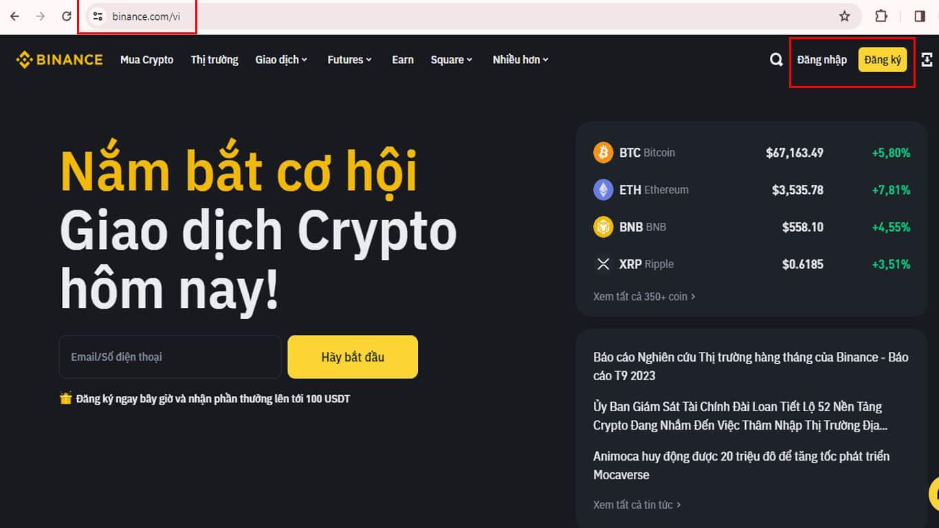 Giao diện chính của sàn Binance