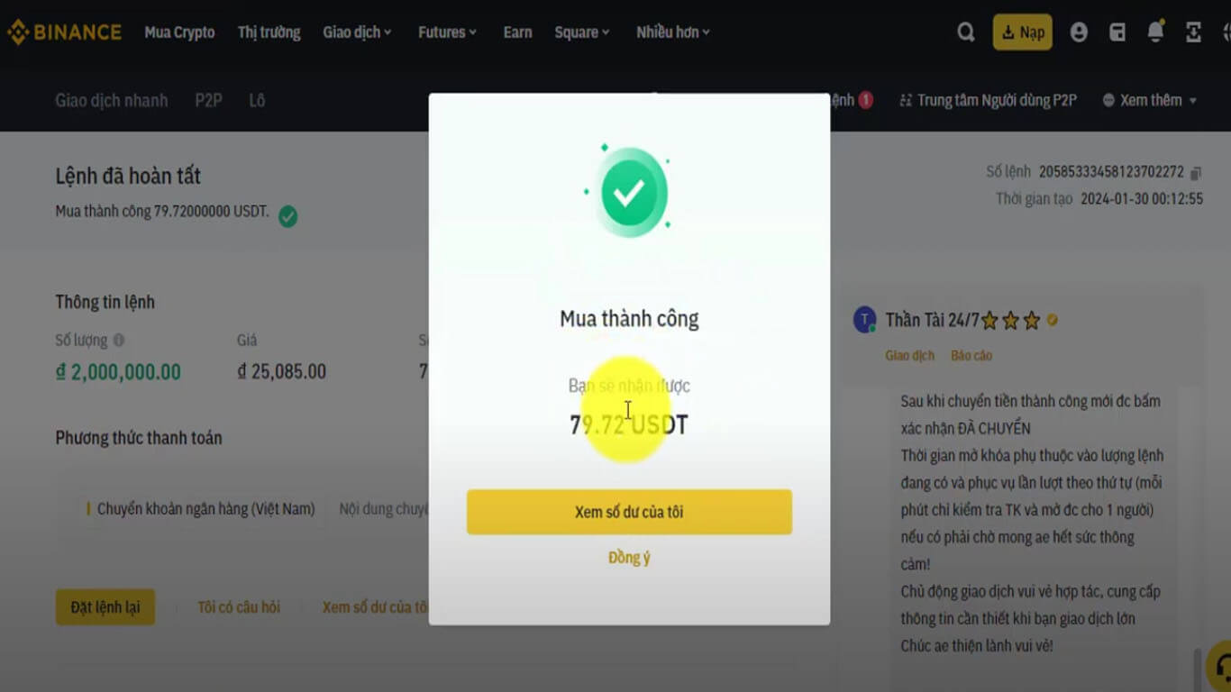 Đây là thông báo đã mua thành công USDT