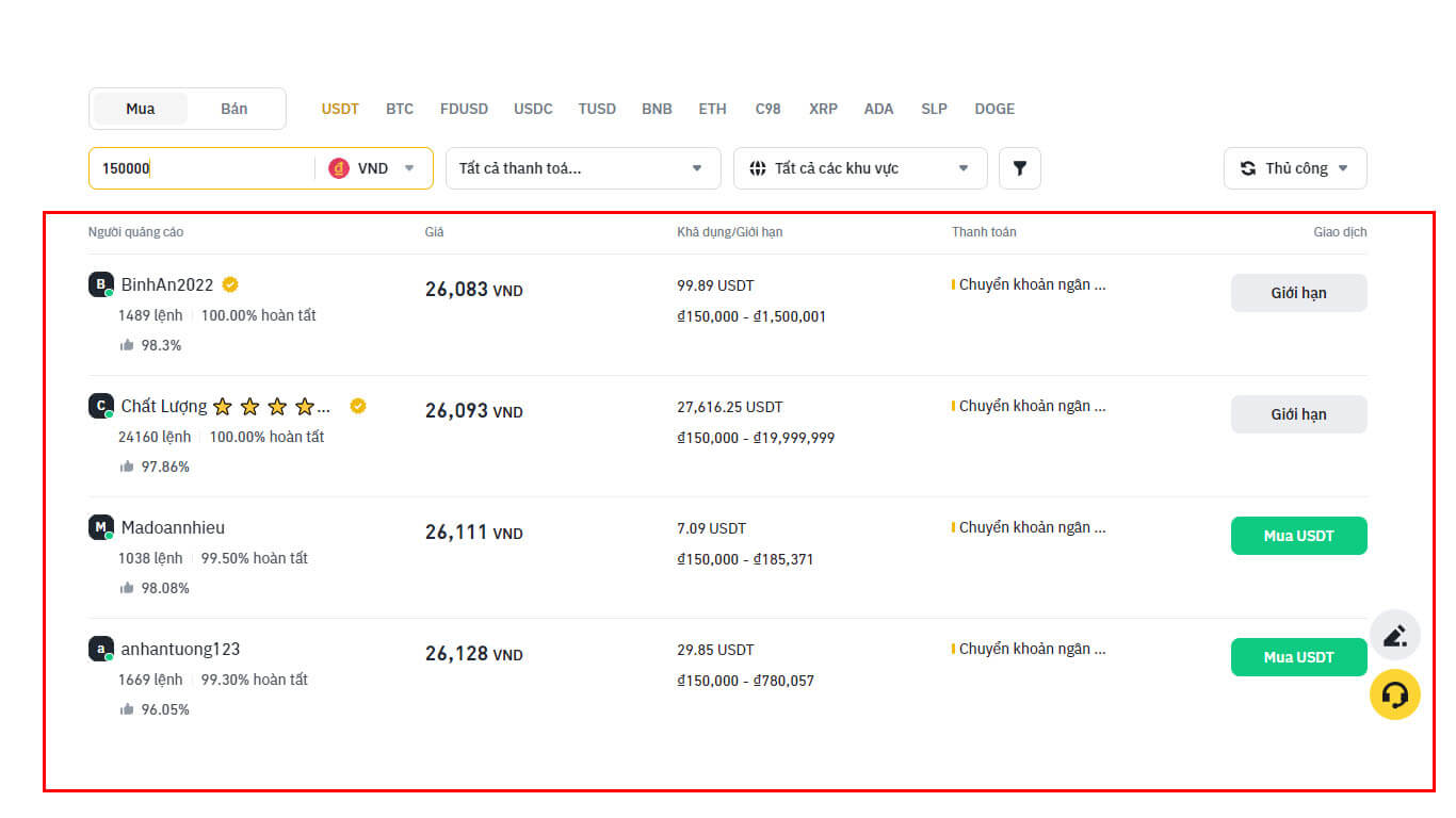 Kiểm tra các tài khoản đang bán USDT theo nhu cầu của bạn