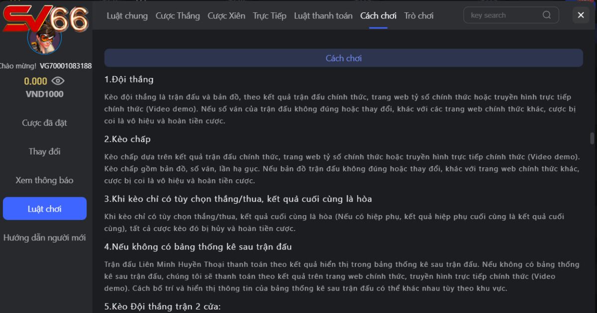 Hướng dẫn chơi và luật cược chi tiết tại E-Sport SV66