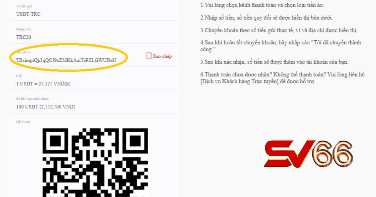 Thành công lấy địa chỉ ví nhận USDT từ SV66