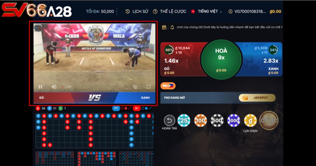 Một trận đấu đang được phát trực tiếp từ sới gà GA28 của SV66